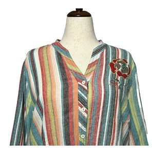 CJ Banks Top Womens 3X Blue Red Striped LInen Rayon Embroidered Colorful Rainbow
